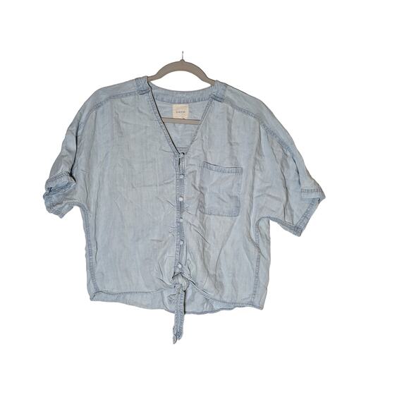 Harper Retro Denim Top XS‎ Blue Tie Front Button Up Short Sleeve Casual V-Neck - Picture 9 of 9